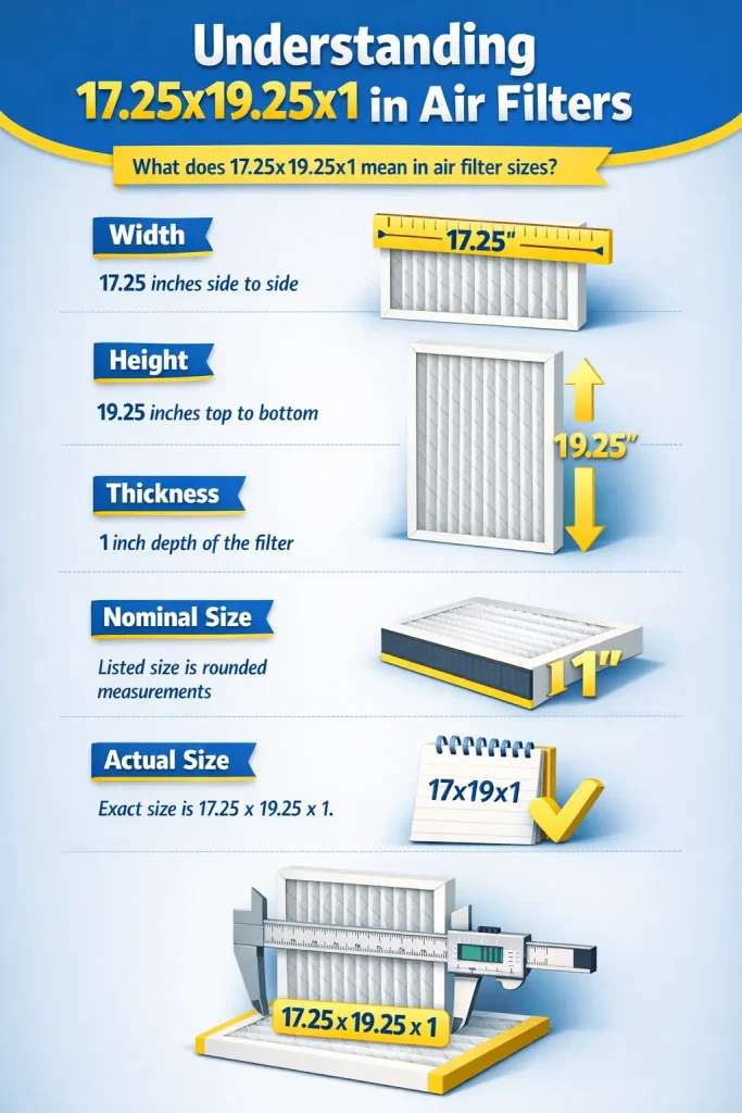 What does 17.25x19.25x1 mean in air filter sizes? 2 Vertical yellow-and-blue infographic titled “Understanding 17.25x19.25x1 in Air Filters” explaining what the size means, with 3D icons showing width 17.25", height 19.25", thickness 1", nominal size 17x19x1, and a reminder that the actual size is 17.25x19.25x1 inches.