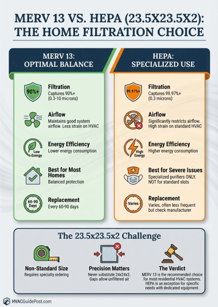 23.5x23.5x2 MERV 13 vs. HEPA: What's the Difference for Home Use? 2 Infographic for 23.5x23.5x2 MERV 13 vs. HEPA: What's the Difference for Home Use?